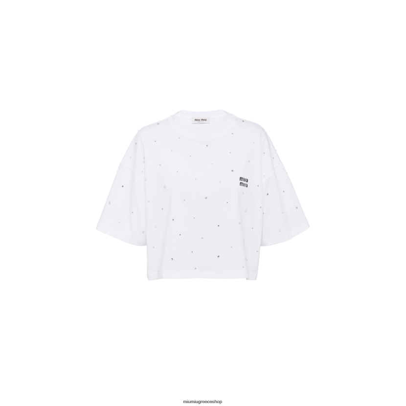cropped βαμβακερό t-shirt με κεντημένο λογότυπο Miu Miu άσπρο έτοιμο να φορεθεί 2066F719
